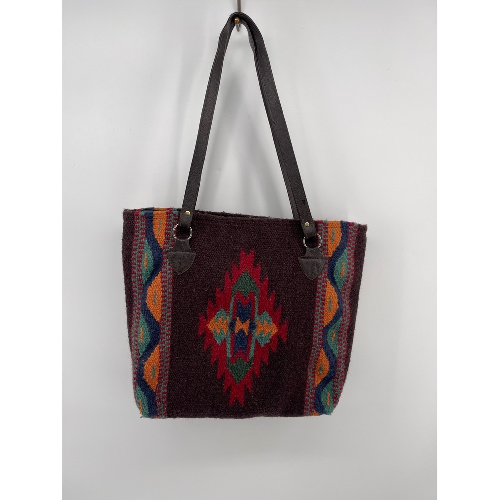 Southwestern Handwoven Wool Tote Bag Brown Geometric Boho Shoulder Bag 100% Wool